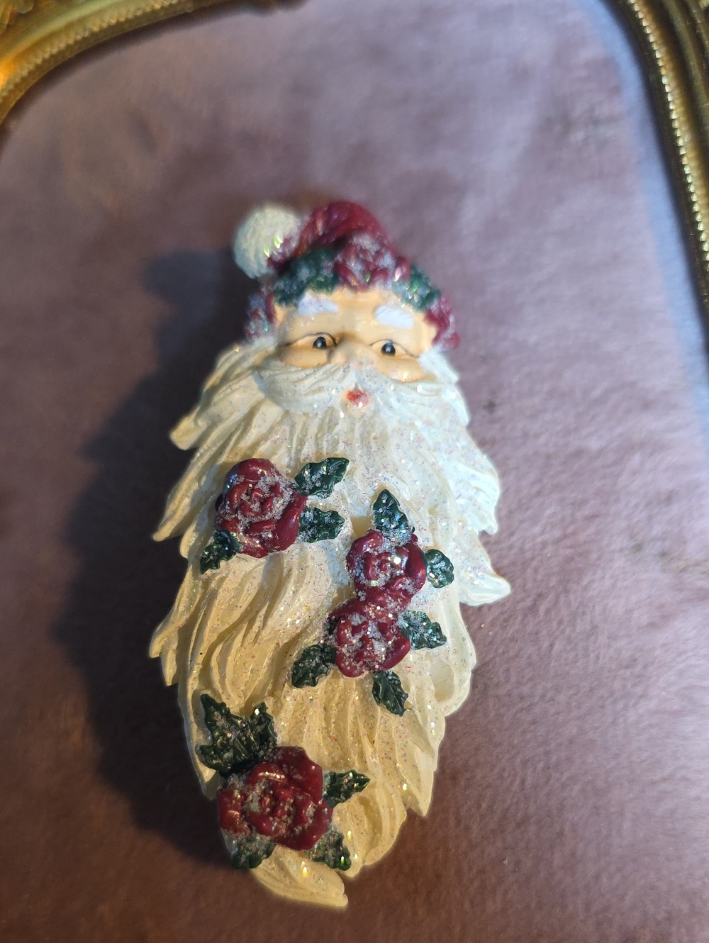Vintage Floral Beard Santa Claus Brooch Pin Glitter Resin 3” Excellent Condition